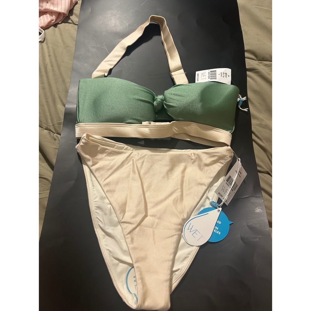 WET Swimwear Jade Bikini Set Sage Green Ivory Halter Top M High Waist Bottom S